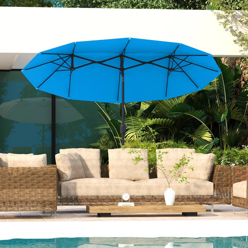 Outsunny Double-sided Patio Umbrella 9.5' Large Outdoor Market Umbrella with Push Button Tilt and Crank, 3 Air Vents and 12 Ribs