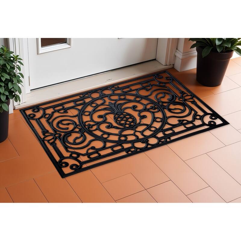 HomeRoots 24" X 36" Black Pineapple And Scrollwork Outdoor Rubber Door Mat - 24' X '36 - 24' X '36