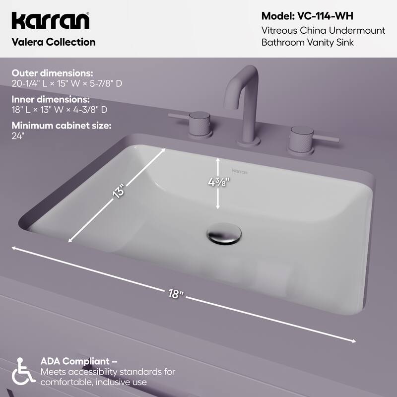 Karran Valera 20" Rectangular Undermount Vitreous China Bathroom Sink in White