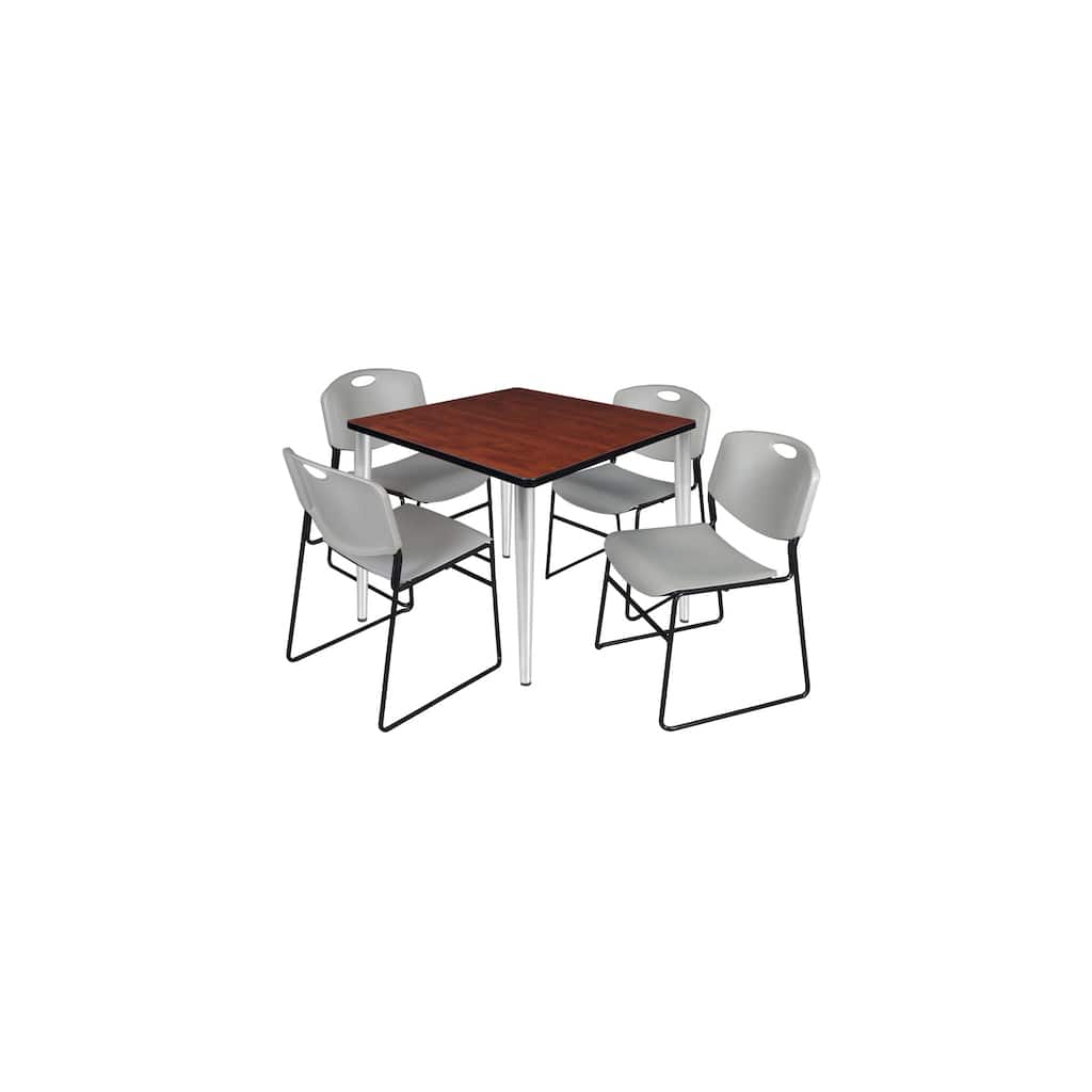 36 in. Square Breakroom Table- Cherry Top, Chrome Base & 4 Stack Chairs- Grey - Grey, Cherry, Black
