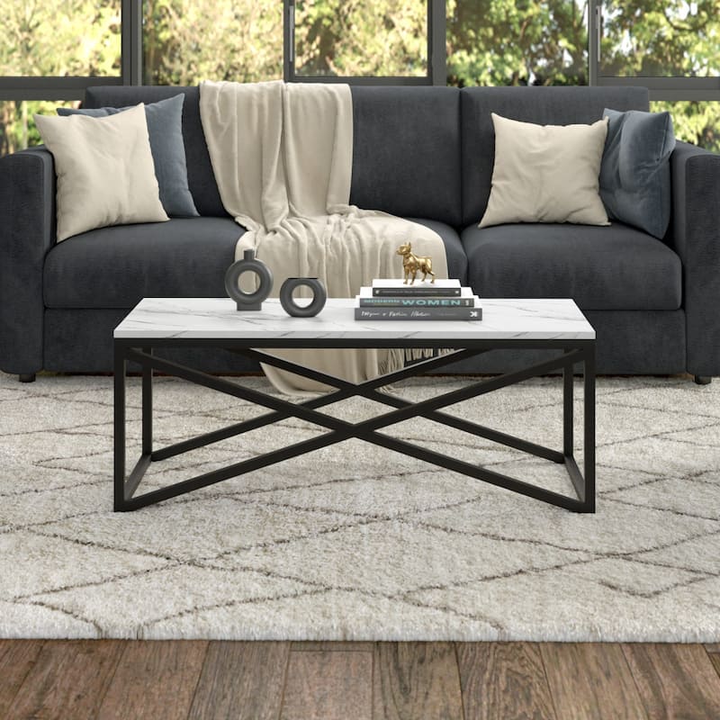46-Inch Faux Marble Coffee Table with Steel Base for Living Room Decor - 46” x 20” x 17.75”