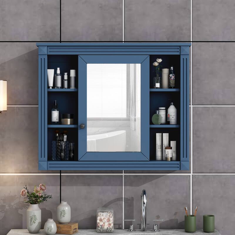 35 in. W x 28.7 in. H Rectangular Surface Mount Bathroom Medicine Cabinet with Mirror with Open Shelves - Blue