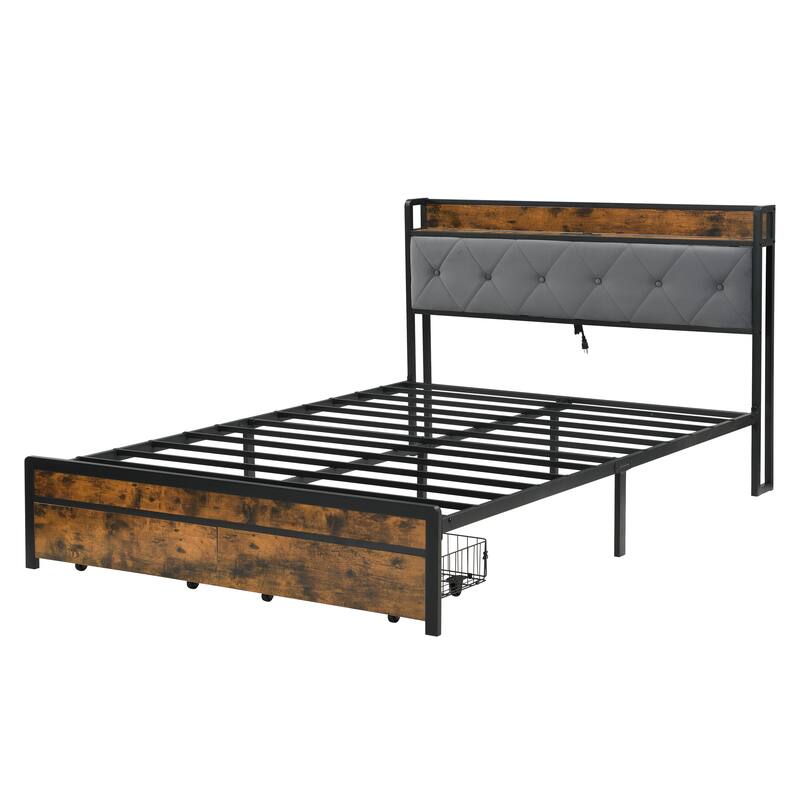 Full Bed Frame with LED Lights, Upholstered Headboard, Storage Drawers, USB Charging Station, Grey