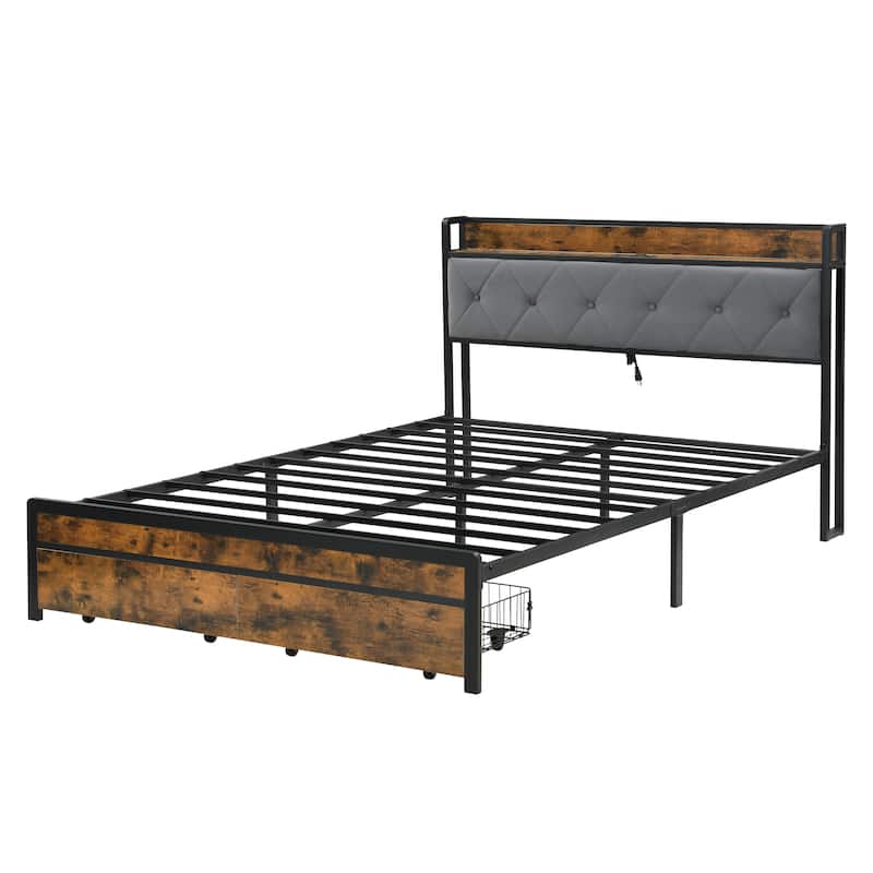 King Bed Frame with LED Lights, Upholstered Headboard, 2 Drawers, USB Charging, No Box Spring Needed, Grey