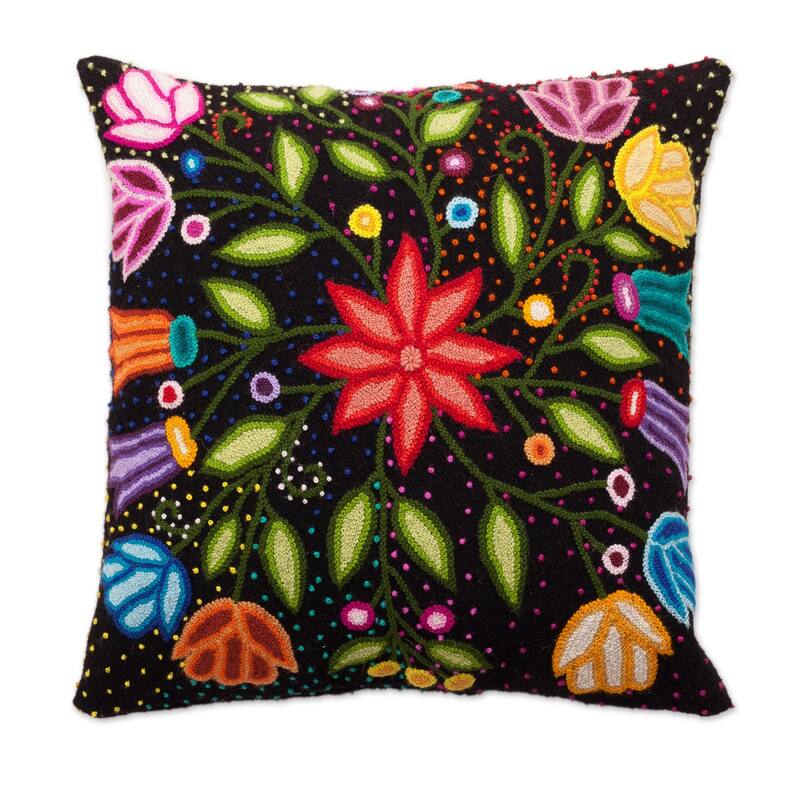 Novica Handmade Dark Garden Wool Cushion Cover