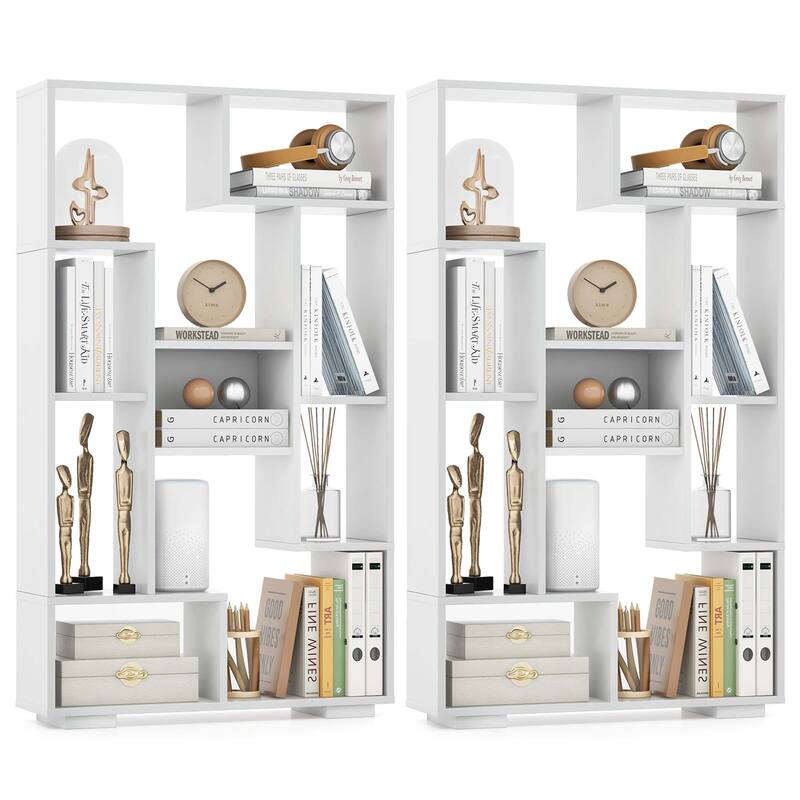 Costway 2 PCS 47" Tall Bookshelf Modern Geometric Bookcase with Open - See Details - White