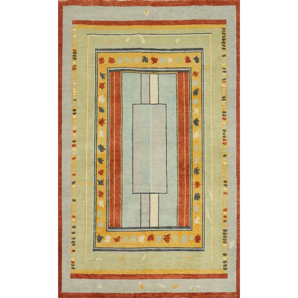 Geometric Gabbeh Vegetable Dye Turkish Area Rug Handmade Wool Carpet - 8' 10'' X 5' 11''