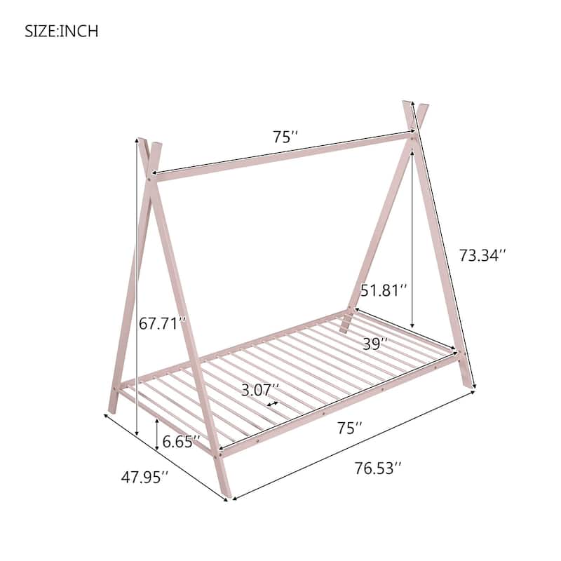 Metal Twin House Bed Frame for Kids, Indoor Tent Bed with Slats and Storage Space, Fun Playhouse Design, No Box Spring Needed