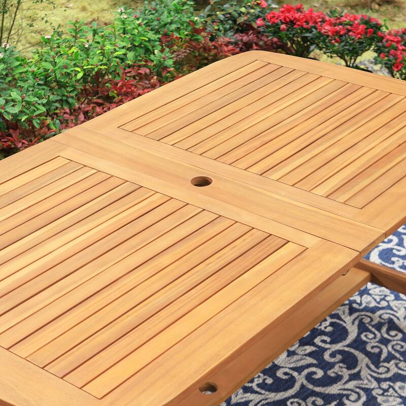 MAISON ARTS Patio Solid Acacia Wood Expandable Dining Table for 6/8 People
