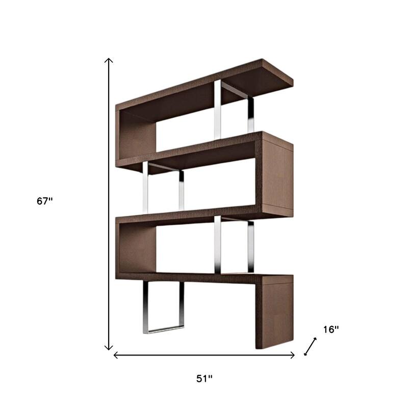 HomeRoots 67" Brown And Silver Metal and Wood Three Tier Etagere Bookcase