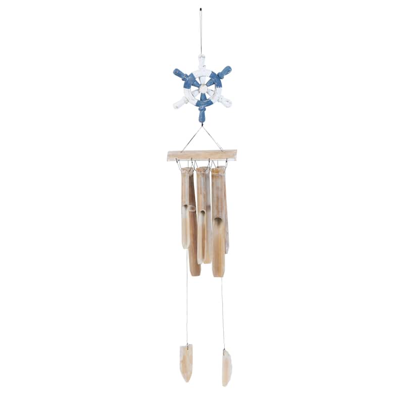 Bamboo Wood Ship Wheel Handmade Windchime with Log Chimes - Blue - Roche River Decor