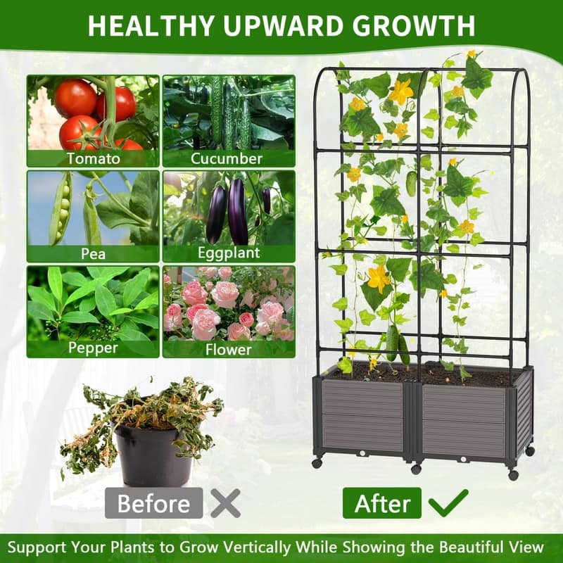 Raised Garden Bed Planter Box with Trellis, Self-Watering and Wheels - 16"X32"x73"