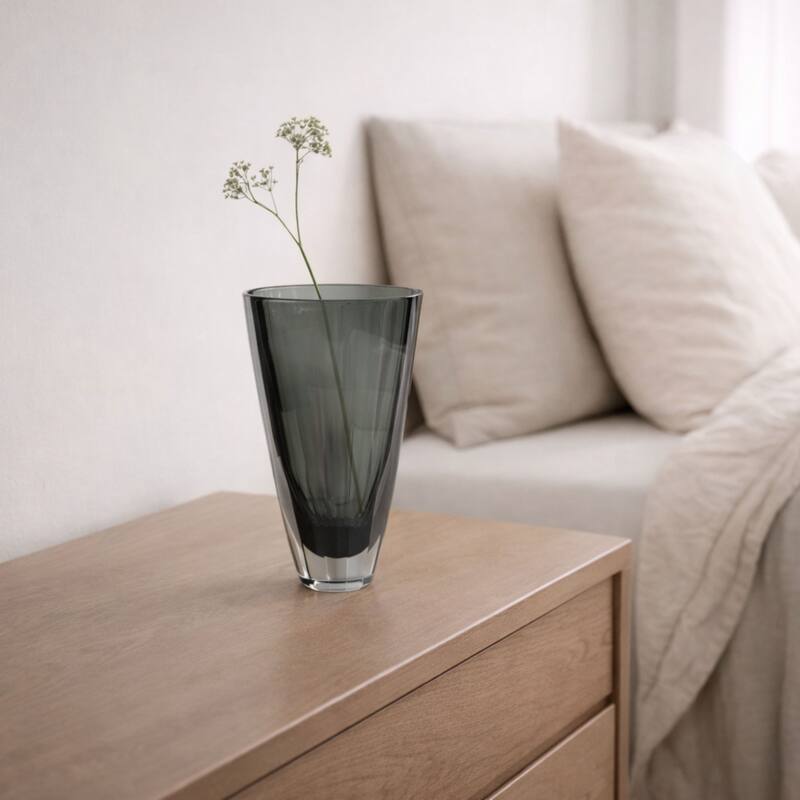 Large Fancy Cut Smoky Gray Glass Vase Modern Decorative Accent