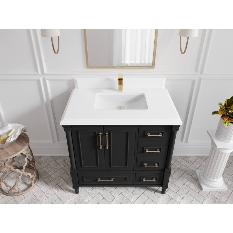 Willow Collections 36 in. W x 22 in. D Aberdeen Center Sink Left Bathroom Vanity with Countertop - 1.5" White Quartz - Black