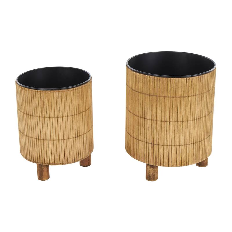 Bamboo Wood Handmade Indoor Planter with Black Metal Interior - Set of 2 Brown - Roche River Decor