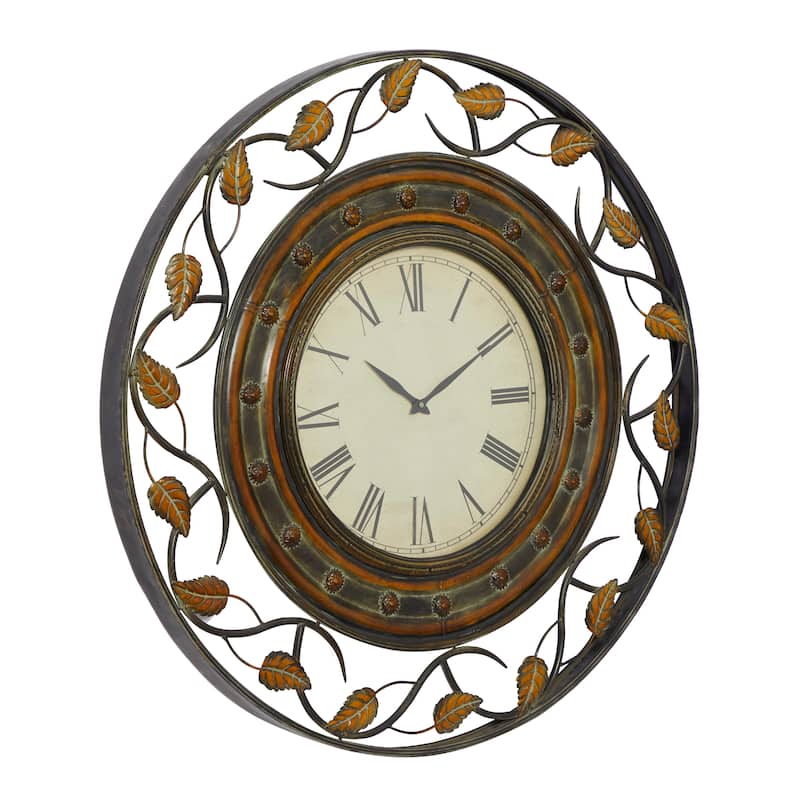 Metal Leaf Wall Clock with Scrolled Vines - Brown - Roche River Decor - 3"W x 36"L x 36"H