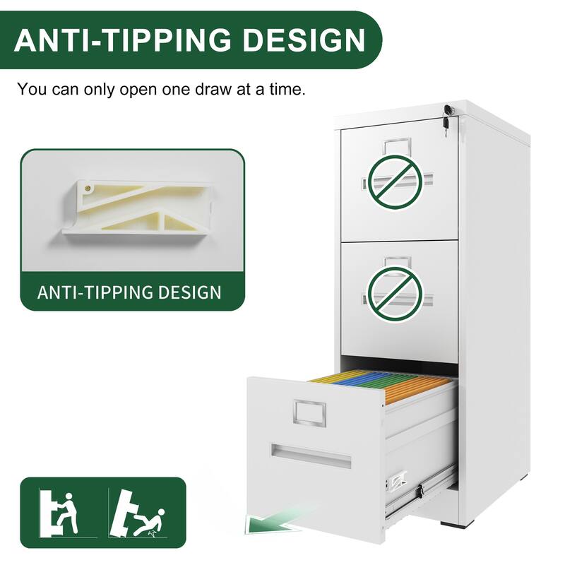 Modern Narrow Vertical File Cabinet, 3 Drawers Filing Cabinet with Lock Adjustable Hanging Rail, for Home Office