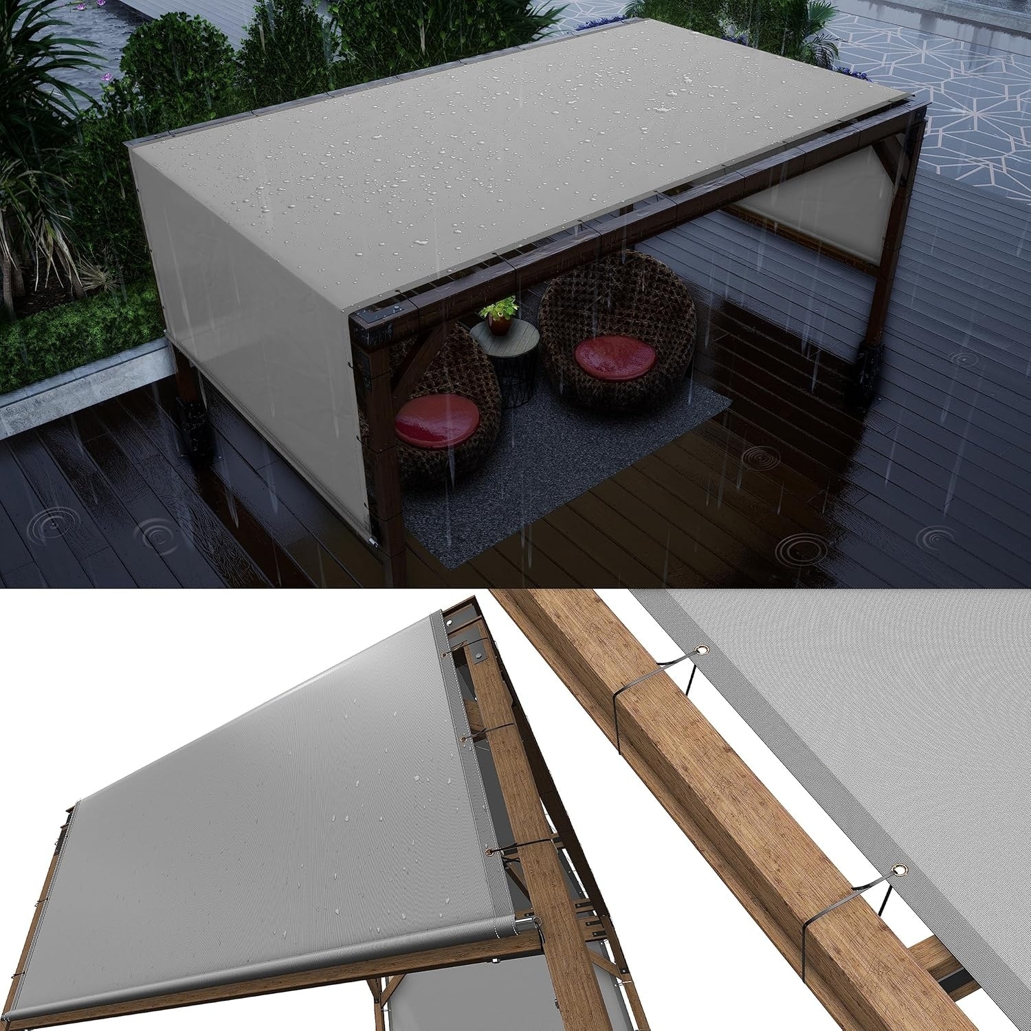 10'x24' Grey Waterproof Pergola Sun Shade Canopy Replacement Cover with UV Protection and Stainless Steel Rods