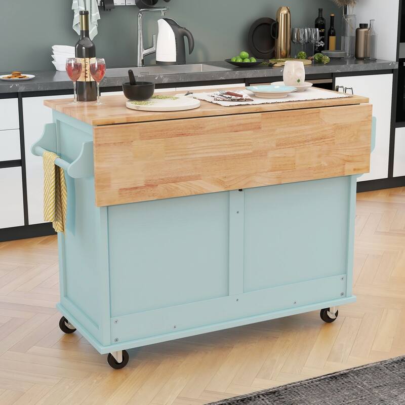 Rolling Kitchen Island with Drop-Leaf Countertop, Adjustable Shelves, 2 Drawers & Sliding Barn Door - Mint Green