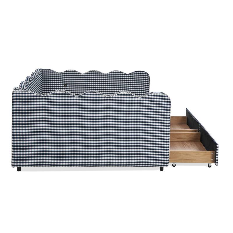 Full/Queen Gingham Daybed with 2 Storage Drawers, USB Port & Wave Shaped Linen Fabric