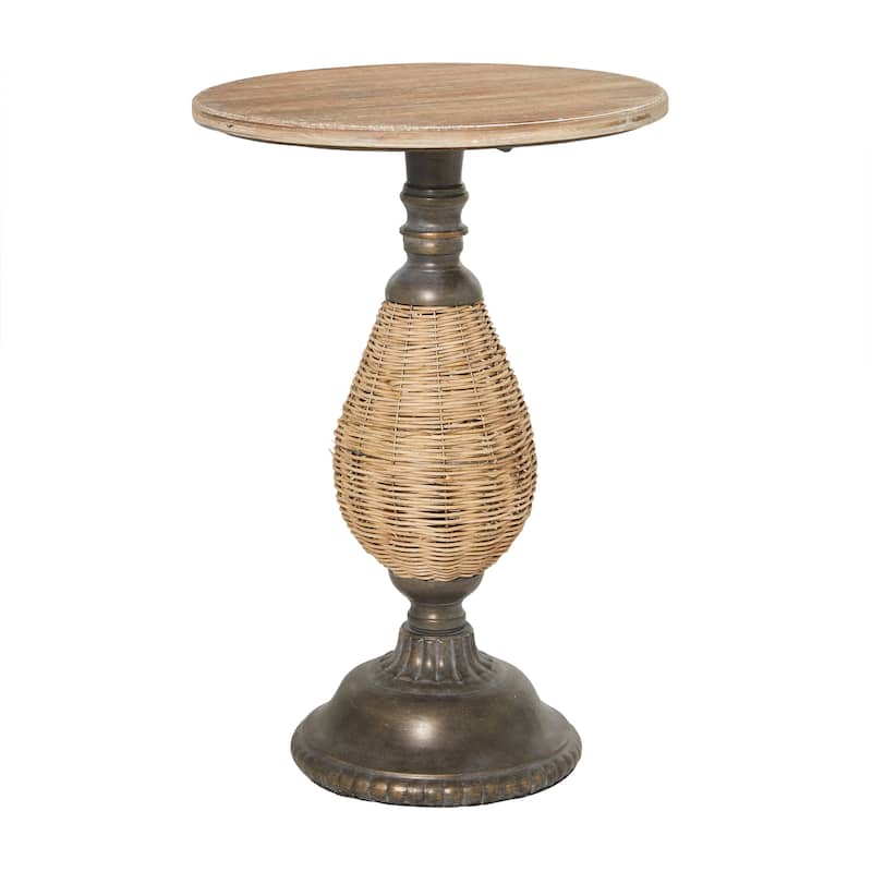 Brown or White Wood Farmhouse Accent Table with Black Metal and Rattan Base - 15"L x 15"W x 22"H