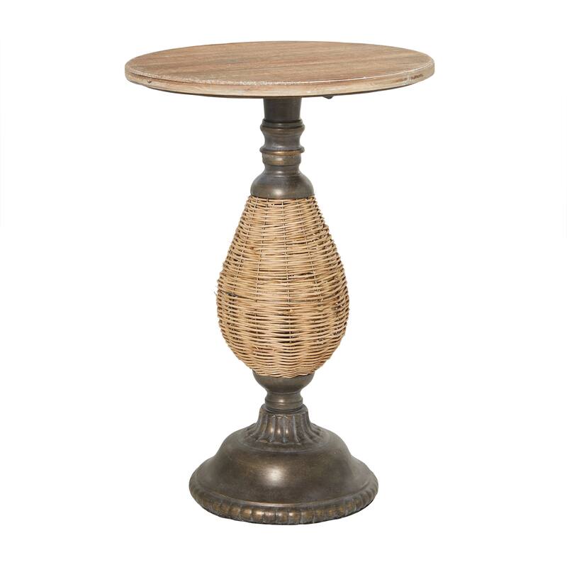 Wood Accent Table with Black Metal and Rattan Base - Brown - Roche River Decor