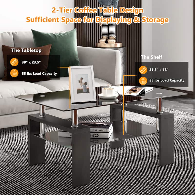 Costway Rectangle Glass Coffee Table Metal Legs End Table Livingroom