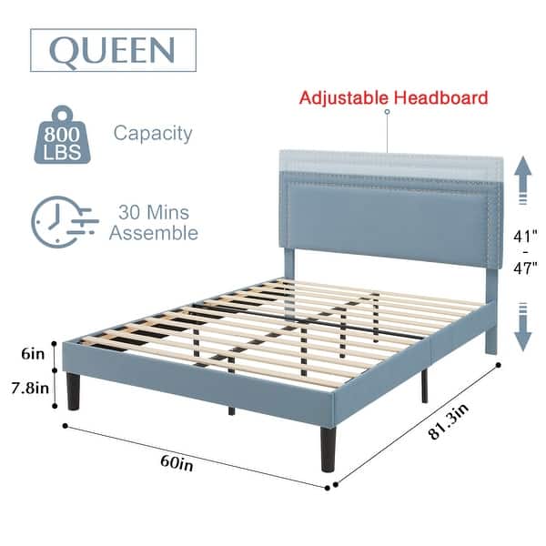 dimension image slide 3 of 30, VECELO Upholstered Bed Frames with Height Adjustable Headboard