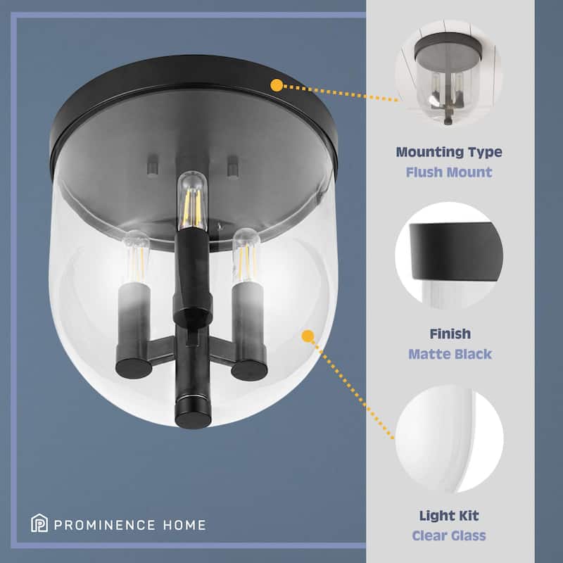 Prominence Home Hansley Matte Black 3-Light Flush Mount with Clear Glass