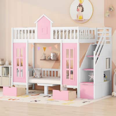 Twin-Over-Twin Bunk Bed with Changeable Table, 2 Drawers and Storage Stairs (Turn into Upper Bed and Down Desk)
