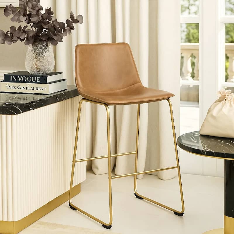 Cia Tall Barstool Chair Set of 2, Toast Brown Bucket Faux Leather Seat