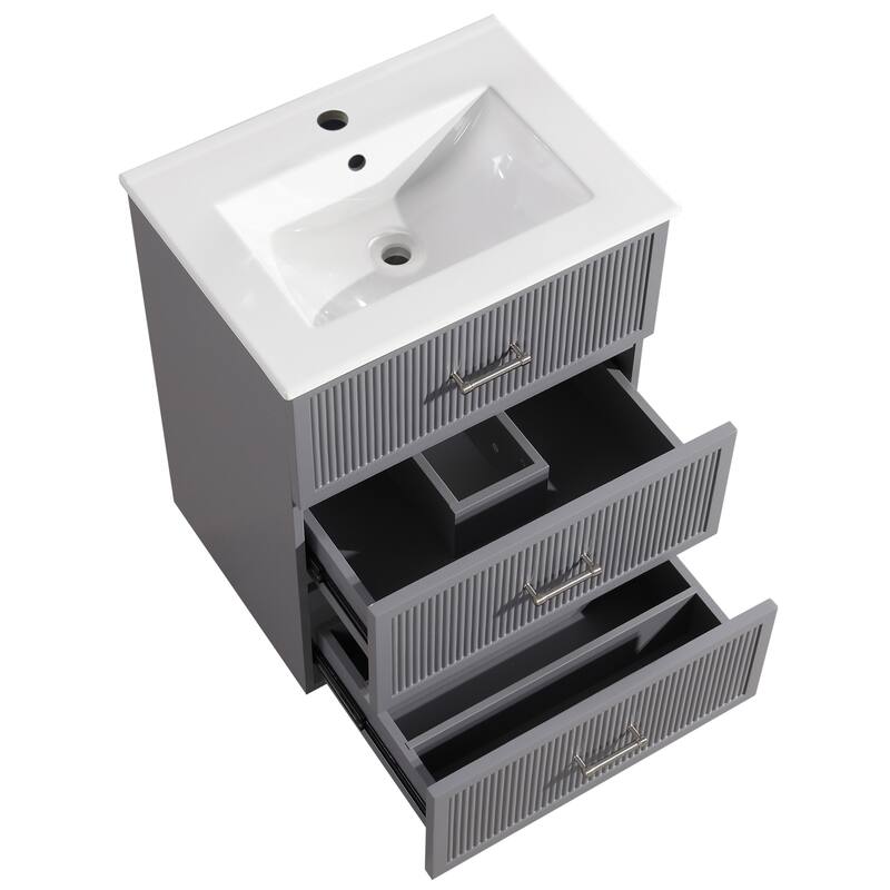 30" Freestanding Bathroom Vanity with Ceramic Sink and 2 Storage Drawers, Stylish Gray Floor Cabinet