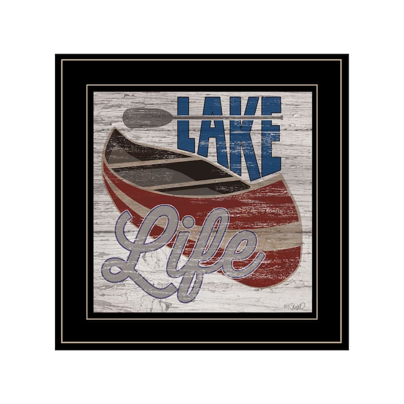 TrendyDecor4U Traditional "Lake Life Canoe" Framed Print Wall Art by Kate Sherrill - Brown, Tan, White