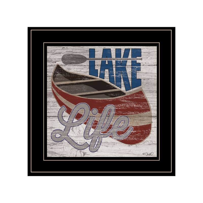 TrendyDecor4U Traditional "Lake Life Canoe" Framed Print Wall Art by Kate Sherrill - Brown, Tan, White