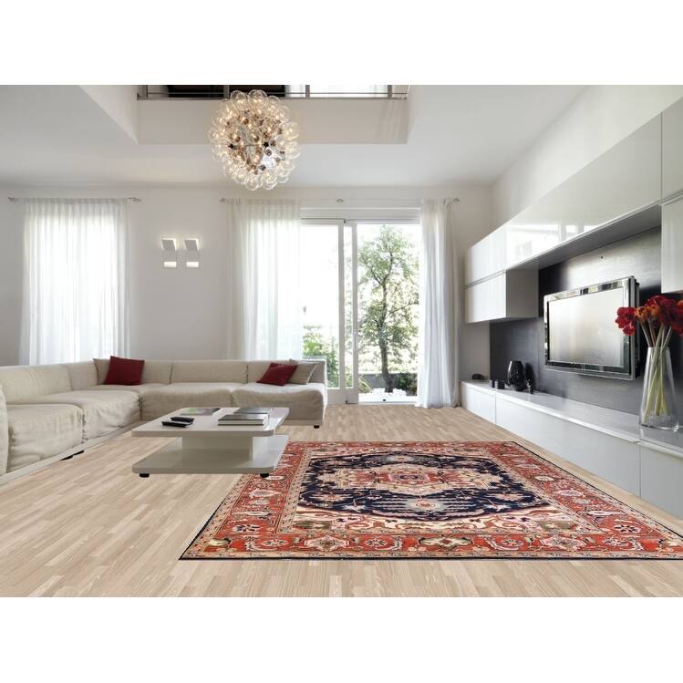 Hand Knotted Oriental 100% Wool Carpet Traditional Medallion Navy Blue & Blues Heriz (serapi) Area Rug - 13' 10'' X 9' 11''