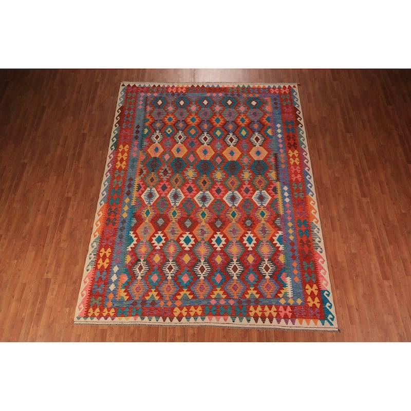 Reversible Kilim Area Rug Flatweave Geometric Wool Carpet - 8'7" x 11'4"
