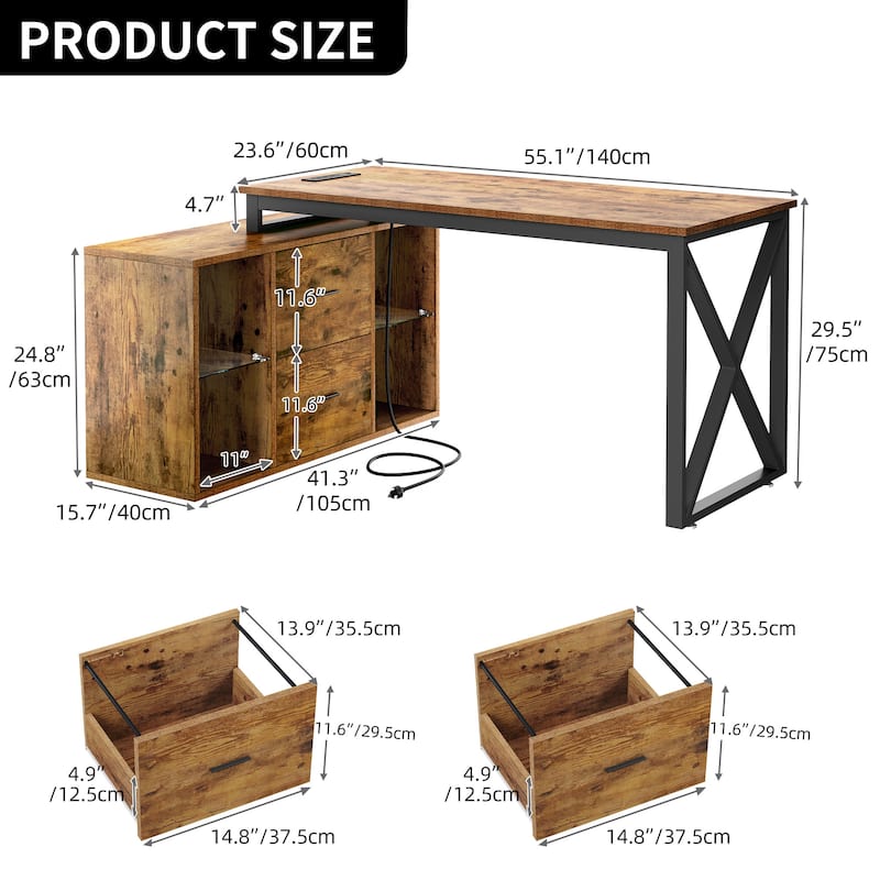 55 Inch L-shaped Gaming Desk with Power Outlets and LED Lights Computer Corner Desk with File Cabinet Monitor Stand