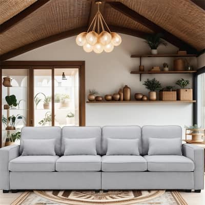 4-Seater Modern Linen Fabric Sofa with Armrest Pockets and 4 Pillows