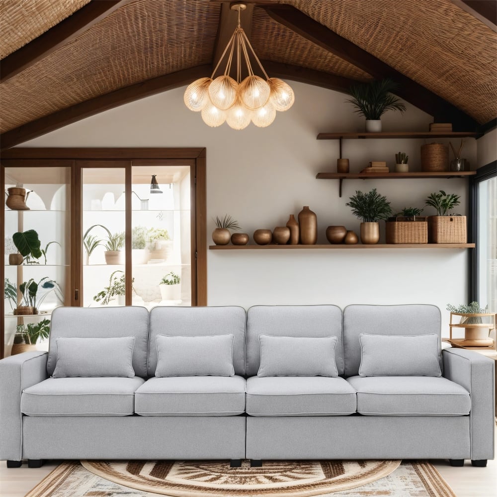 4-Seater Modern Linen Fabric Sofa with Armrest Pockets and 4 Pillows
