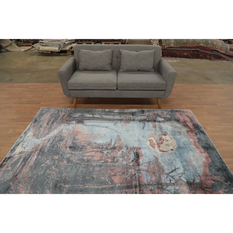 Hand Knotted Oriental Viscose Silk Carpet Modern Animal Pictorial Multi-Colored Abstract Area Rug - 7' 10'' X 5' 7''