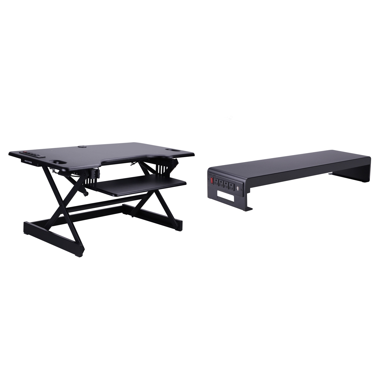 Rocelco 46 in. W Black Standing Desk Converter with AC USB Charger, Dual Monitor Stand, Three Screen Riser and Keyboard Tray