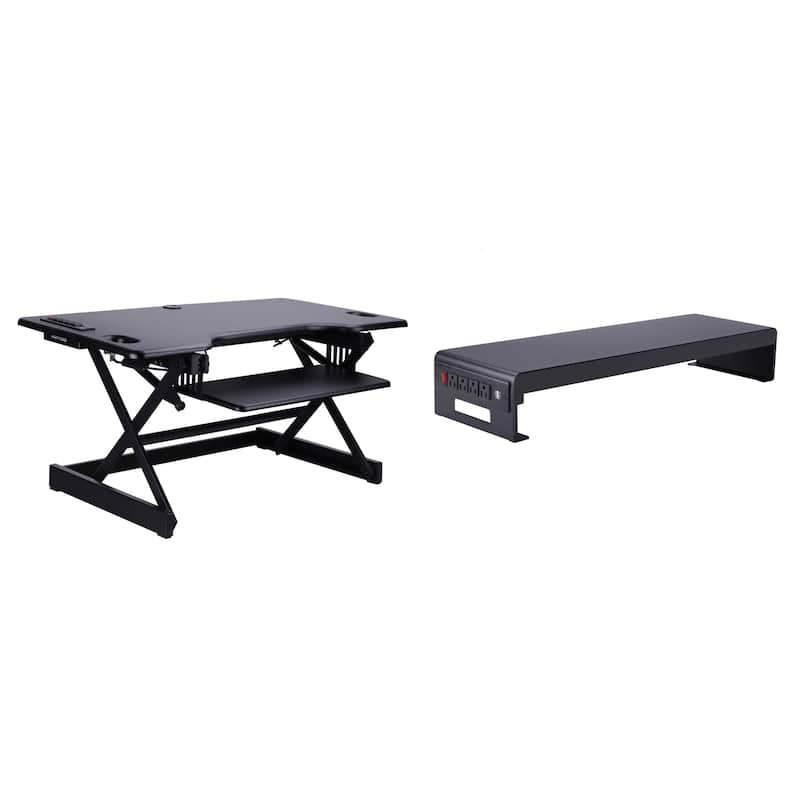 Rocelco 46 in. W Black Standing Desk Converter with AC USB Charger, Dual Monitor Stand, Three Screen Riser and Keyboard Tray