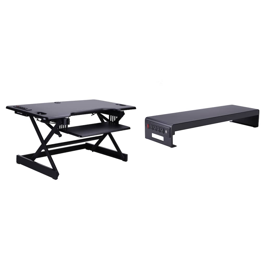 Rocelco 46 in. W Black Standing Desk Converter with AC USB Charger, Dual Monitor Stand, Three Screen Riser and Keyboard Tray