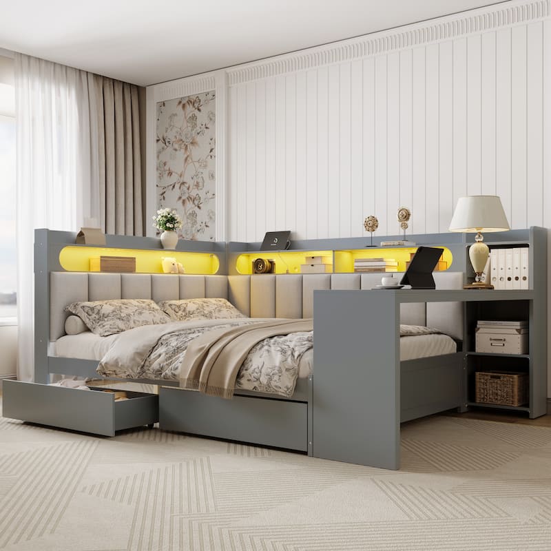Full Daybed with Wrap-Around LED Shelves, Built-In Desk and Charging Station by Harper&Bright Designs - Grey