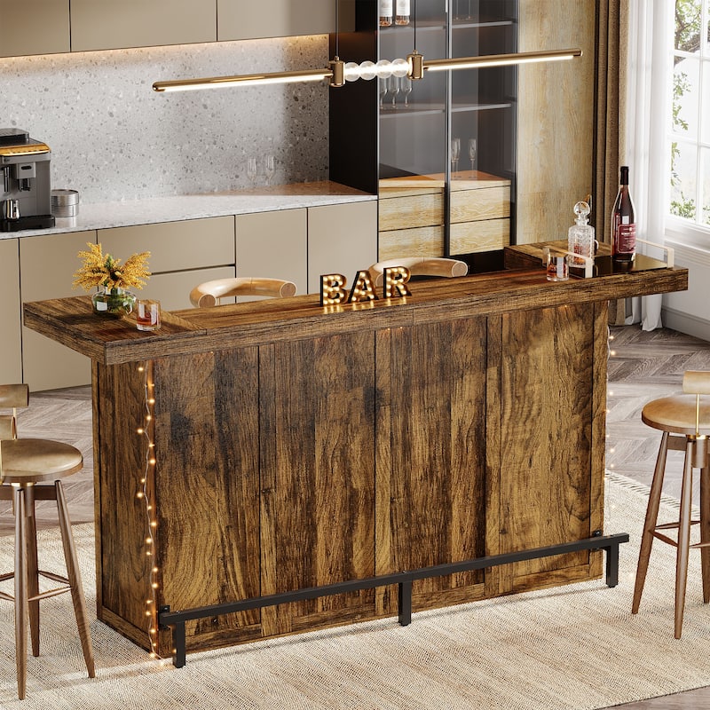 4-Tier Wooden Bar Table, 70.9" Large Home Bar Unit with Storage Shelves for Home, Patio, Basement