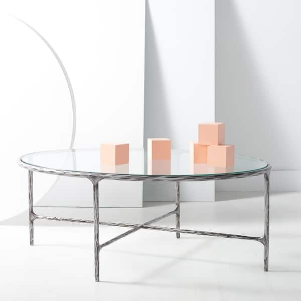 slide 2 of 9, SAFAVIEH Couture Jessa Oval Metal Coffee Table - 40"W x 30"D x 15"H Silver/Glass Top
