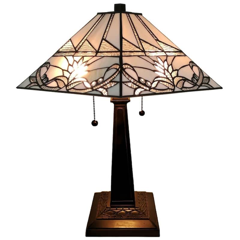 Tiffany Style Table Lamp Mission 22" Tall Stained Glass Tan Floral Flower Decor Bedroom Handmade Gift Amora Lighting