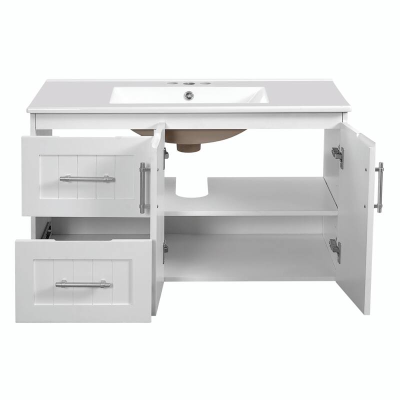 36'' Wall Mounted Bathroom Vanity - Floating Bathroom Storage Cabinet with 2 Drawers, 3 Holes Single Ceramic Sink