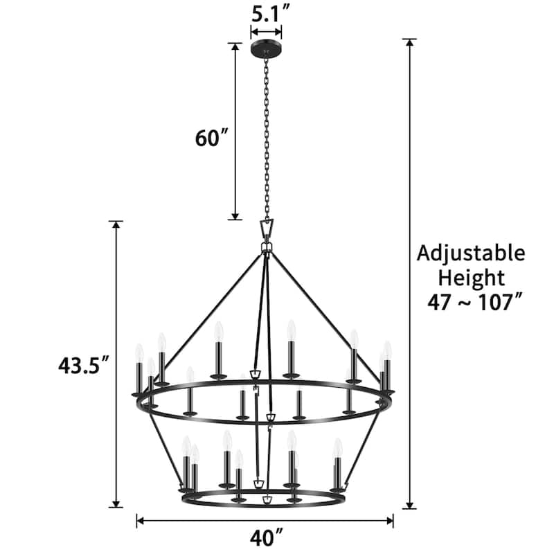 KAWOTI 40" 20-light Modern Adjustable Wagon Wheel Chandelier, 2-Tier