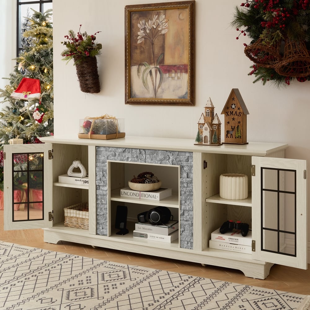 Classic TV Stand Entertainment Center for up to 65" TVs, Faux Stone Media Console Cabinet for Living Room